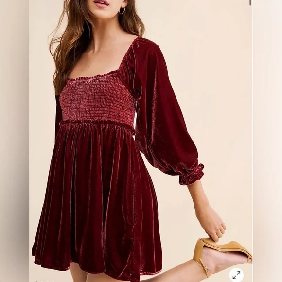 Free People Velvet Mini Dress Burgundy Puff Sleeve Lace Up Back S cottage boho - Picture 1 of 8